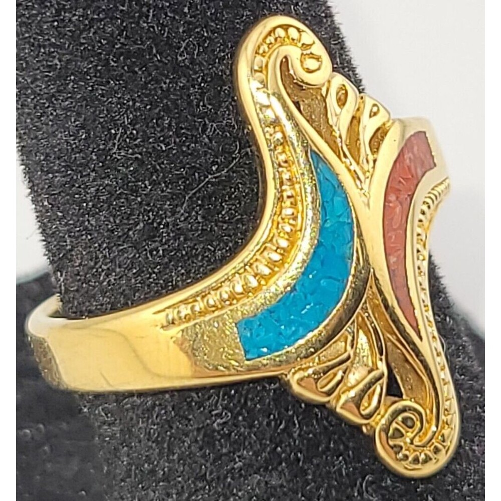 Vintage 1989 Southwestern Gold-Plat Turquoise Coral Mosaic Ring Size 6